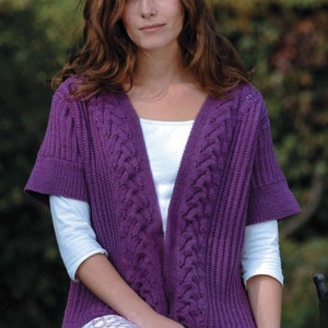 Womans Short sleeved cable edge to edge Jacket- Cardigan -  fits 32-42 Ins Chest- DK 8 PLy wool- Knitting pattern Download PDF