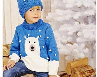 Childs Polar Bear Christmas Sweater & Hat in DK 8 Ply Light worsted wool-fits 2-7 years (25-29") chest. Knitting pattern Download PDF
