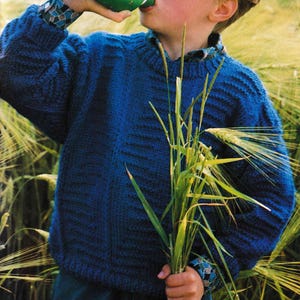 May include: A young boy wearing a blue knitted jumper stands in a field of tall grass, holding a bunch of wheat stalks in one hand and drinking from a green water bottle with the other.