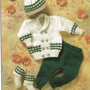 Baby Striped Double Breasted Shawl Collar Jacket Pants Hat & Boots 12" - 20" DK 8 Ply Light Worsted Knitting Pattern PDF download