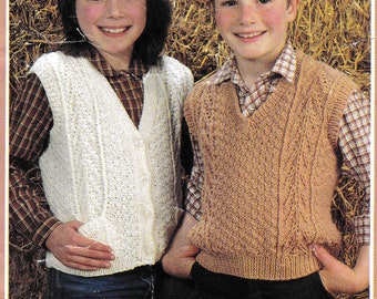 Child's Cable slipover & Waistcoat with buttons- Boy- Girl- Knitting Pattern -Aran(Worsted weight) Instant Download-26-32" chest