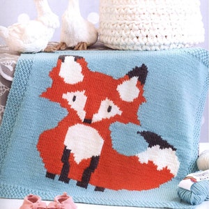 Mr Foxy Baby Afghan- Blanket cot cover  in Aran 10 Ply yarn- Knitting pattern Download PDF 25" x 25"