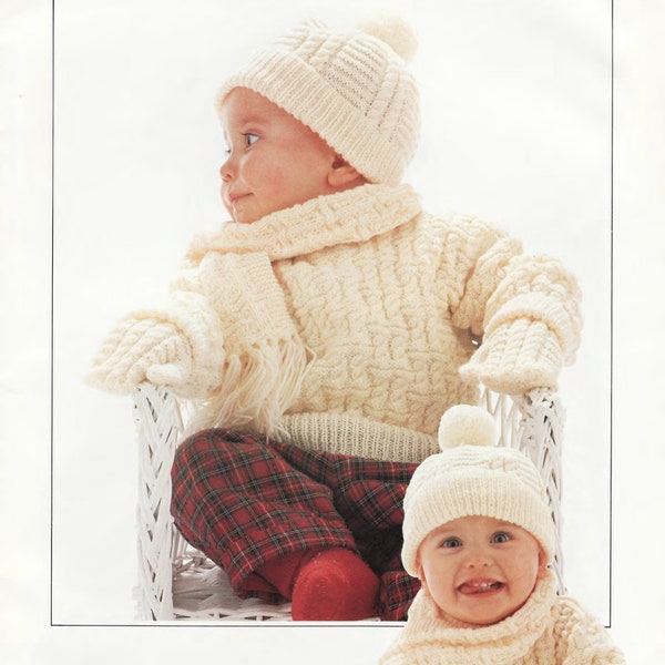 Baby Childrens   Winter Sweater Bobble Hat Scarf & mitts  4 ply wool- Cable pattern   18" -24" Chest  Download PDF Knitting Pattern