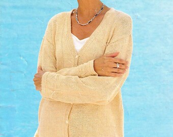 Womans Easy Knit Loose fit jacket - Cardigan -V Neck  Patterned cuffs & hem, DK 8 Ply wool- fits 28-42 chest Knitting Pattern Download PDF