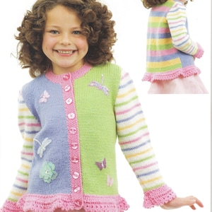 Girl's Lace Trim stripe Cardigan optional butterflies in DK 8Ply Light worsted wool size 4 10 years Knitting Pattern Download PDF image 1