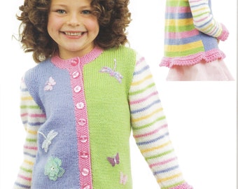 Girl's Lace Trim stripe Cardigan optional butterflies in  DK 8Ply Light worsted wool size 4 - 10 years Knitting Pattern Download PDF