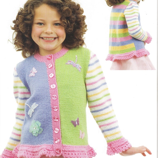Girl's Lace Trim stripe Cardigan optional butterflies in  DK 8Ply Light worsted wool size 4 - 10 years Knitting Pattern Download PDF
