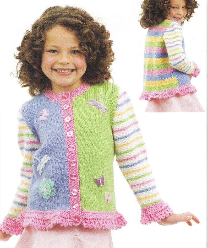 Girl's Lace Trim stripe Cardigan optional butterflies in DK 8Ply Light worsted wool size 4 10 years Knitting Pattern Download PDF image 1