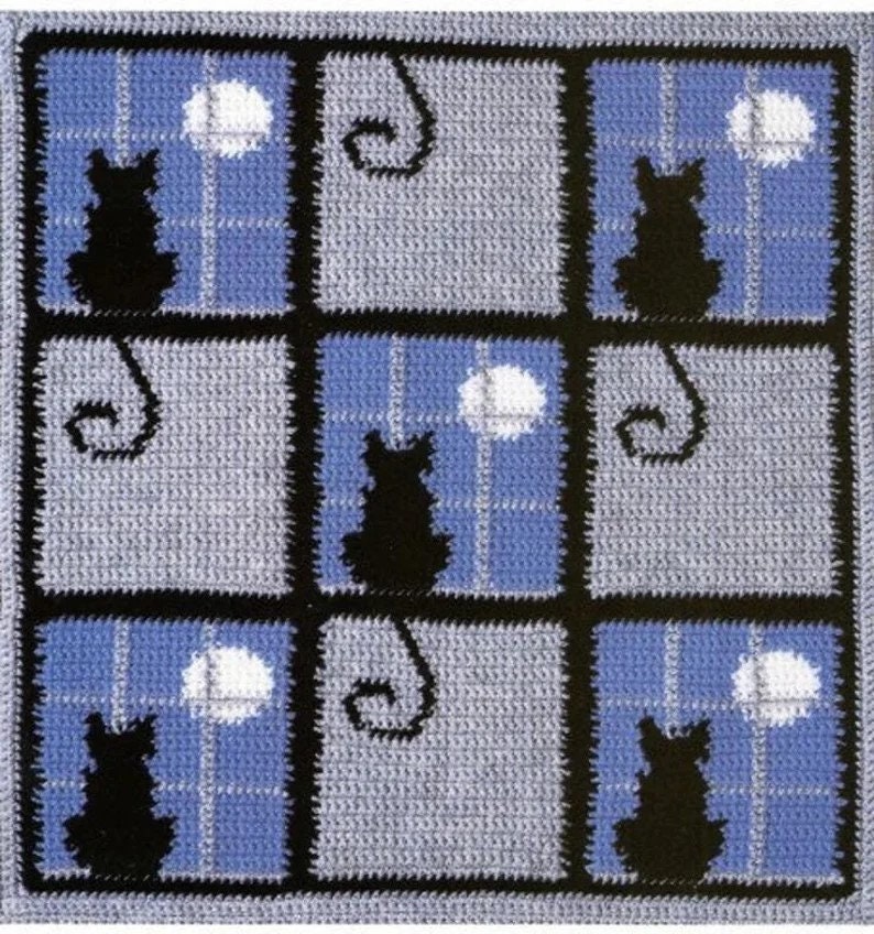 Crochet Cat in the Window Afghan Blanket Throw & Pillow Moonlight ...