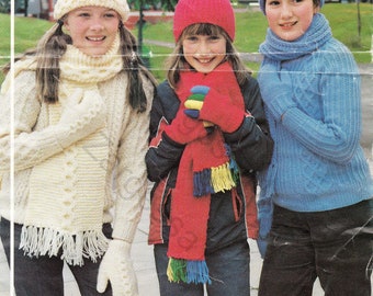 Boy Girl's Hats Scarf Mitts Plain & Cable, easy winter pattern- DK 8 ply Light worsted wool Knitting Pattern PDF