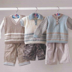 May include: Three knitted sweaters for children, one brown vest with white stripes, one white sweater with blue and brown stripes, and one blue sweater with brown stripes.