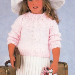 Girls Very easy Beginners Chunky Raglan Sweater- Round neck fits 18" - 24" chest Chunky Bulky 12 Ply wool Knitting Pattern Download PDF