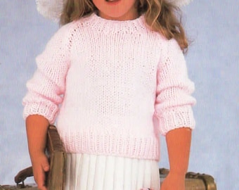 Girls Very easy Beginners Chunky Raglan Sweater- Round neck fits 18" - 24" chest Chunky Bulky 12 Ply wool Knitting Pattern Download PDF