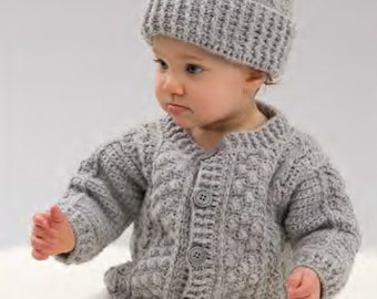 Baby Long sleeved Crochet Cardigan pattern and Hat in DK 8 ply Light worsted woo 24~ 27" ( 6-24 mths) Crochet pattern download PDFl