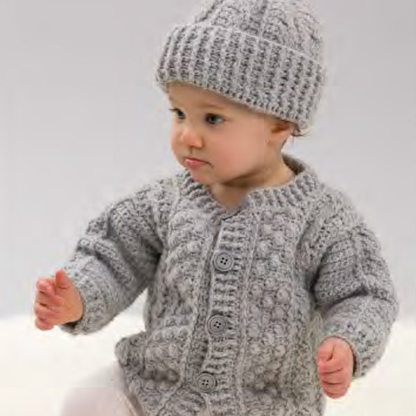 Baby Long sleeved Crochet Cardigan pattern and Hat in DK 8 ply Light worsted woo 24~ 27" ( 6-24 mths) Crochet pattern download PDFl