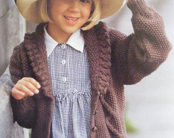 Girls Aran frilled collar cable jacket Moss stitch cable design, aran 10 ply wool- chest 24 -30 inches Knitting pattern PDF Download