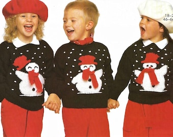 Christmas Snowman Children's Jumper round neck drop sleeves- 3 Different Designs -Has chart DK 8 PLY  knitting pattern download 18-26" chest