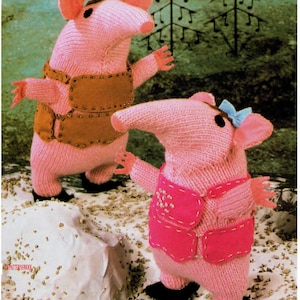 Puede incluir: Dos figuras de oso hormiguero rosas tejidas, con zapatos negros y chalecos marrones. Una figura tiene un lazo azul. Las figuras están en un entorno forestal con una roca blanca y pequeños guijarros.