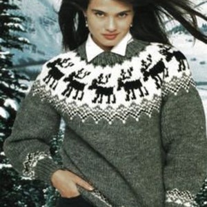 Moose Reindeer Motif Nordic Fair Isle Womens 30&quot; - 36&quot; Sweater Chunky Bulky 12 Ply Knitting Pattern PDF Instant download