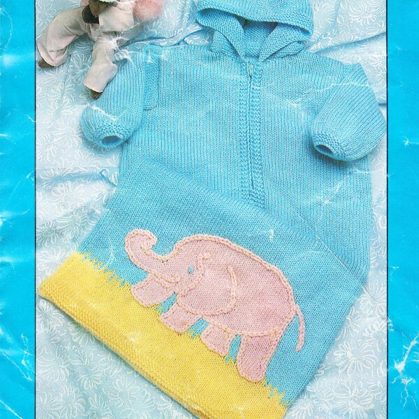 Baby Nest-Cocoon- Sleeping bag, with hood- Elephant Motif  16" - 22" chest- Instant download- Knitting Pattern DK 8 ply  Light Worsted wool