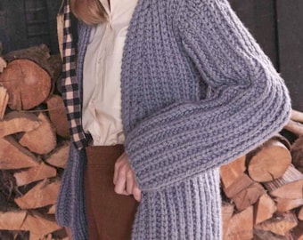 Womans  Super Chunky Rib Cardigan Easy Beginners Knitting pattern- chest 34 - 48" Download PDF