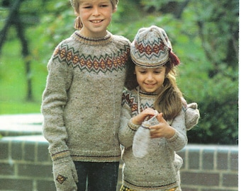 Children's Fair Isle set-  Yoked Icelandic style Jumper- Hat- Gloves - Knitting Pattern DK (8Ply), Children 22-28 chest Instant Download PDF