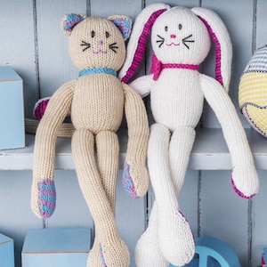 Easy Beginner Knitted Cat & Rabbit Toys 14" -DK 8ply Light Worsted Wool - Knitting Pattern PDF - Measures 35 cm ( 14")
