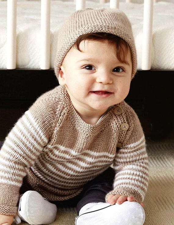 Easy Knit Babies Toddlers Striped Raglan Jumper Hat -button - Main Image