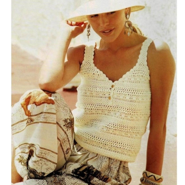 Womans Vintage 1960's Crochet  Summer Top- Vest- - Crochet Pattern PDF Instant Download. sizes 34/36, 38/40, 42/44, 46/48 100% cotton yarn