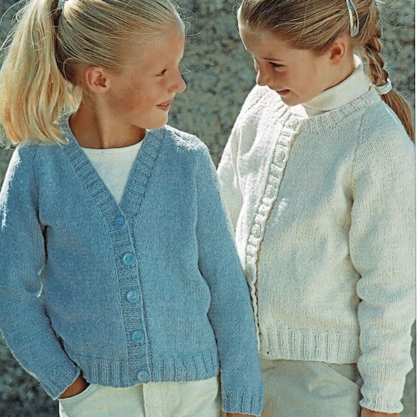 Girls Beginners Easy Round Neck- V Neck Cardigans  22-32" DK / Light worsted /8ply pdf Instant Download knitting pattern PDF