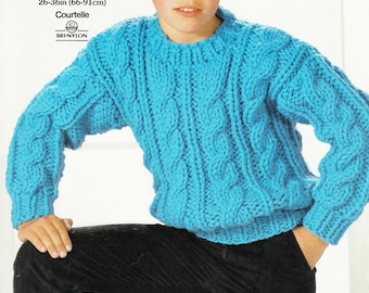 Boy's Round neck Cable  Super Chunky Sweater-  Super Chunky Super Bulky 14 Ply wool 26-36" Easy Quick knit Boys pattern download PDF