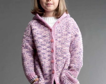 Girl's Hooded jacket- Cardigan with pockets  Knitting pattern- 22 - 32" ( 4-14 yrs) Aran 10ply Worsted wool- Knitting pattern Download PDF