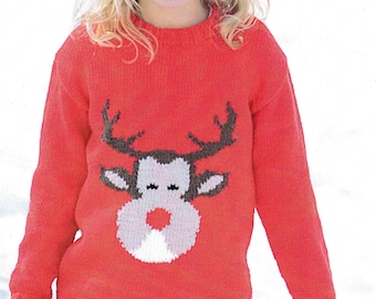 Girls Reindeer- Christmas- Festive sweater- DK/8 ply- chest 22-2-32Ins- 2 - 13 years- Instant download Knitting Pattern PDF- Bottom Up