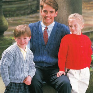 Mans  Children&#39;s Aran Cardigans - 2 Styles plus Mans waistcoat Chest 24&quot; to 44&quot;   DK (8Ply) Light Worsted wool Knitting pattern Download PDF