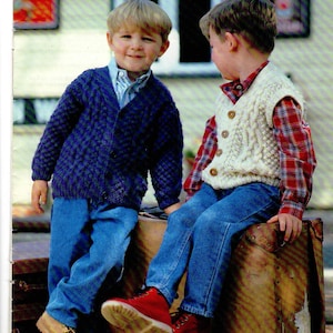 Boy&#39;s Aran Jacket, Cardigan & Waistcoat Knitting pattern- Knitted in Aran (10ply) 20 - 28&quot; ins chest. Downloadable Pattern