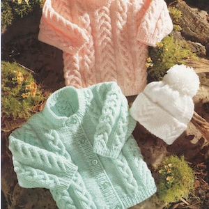 Baby Easy Cable Sweater Cardigan & Bobble hat  Boys Girls Toddler DK ( 8PLY ) Yarn Fits 16&quot; - 24&quot; chest- Knitting pattern  Download PDF