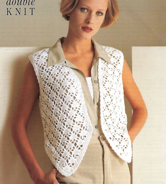 Womens Lacy Shell Stitch Crochet Waistcoat V Neck Style With Deep 