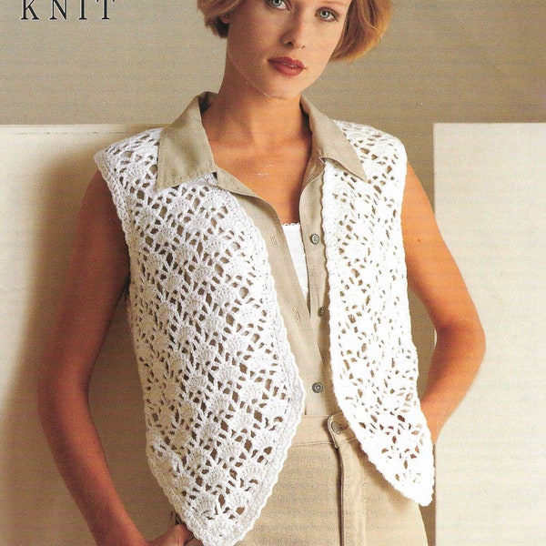 Womens Lacy  Shell Stitch Crochet Waistcoat V Neck style with Deep pointed front 30" -44" In Cotton DK - 8 ply  Crochet pattern download PDF