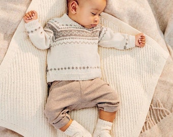 Baby Toddler Fair Isle Yoke sweater Jumper Knitted in DK Merino 8 ply Light worsted yarn, 16" ~ 22" Knitting Pattern download PDF