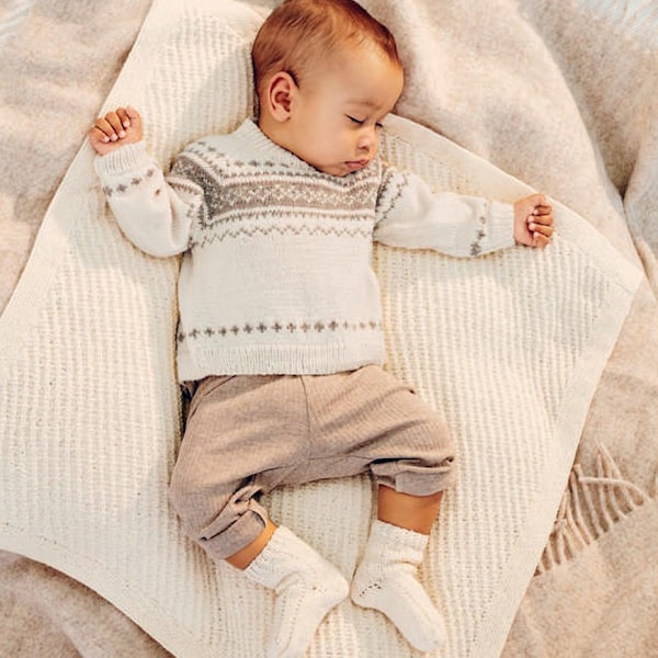 Baby Toddler Fair Isle Yoke sweater Jumper Knitted in DK Merino 8 ply Light worsted yarn, 16" ~ 22" Knitting Pattern download PDF