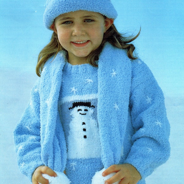 Snowman Sweater Hat & Scarf Boys Girls Childs 20"-30" ~ 6 Months - 12 Years ~ DK Snowflake 8 Ply Light Worsted Knitting Pattern pdf Download