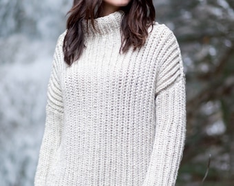 Woman's Super Chunky Ribbed Sweater - Fisherman Rib  round neck Easy quick knit- Super bulky super chunky wool knitting pattern download PDF