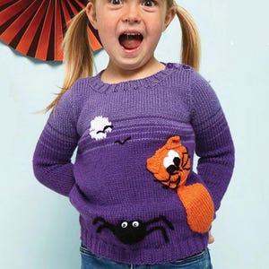 Girls Cat and Spider Halloween Sweater -Set in sleeve - Applique pieces  (1-9 Years ) DK / Light worsted /8ply Download knitting pattern PDF