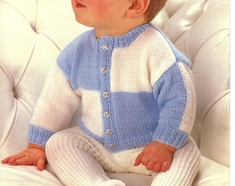 Easy Boy's Girl's Baby 2 tone Jacket Cardigan-18"-20" Dk 8 ply- Knitting Pattern Download PDF- Vintage beginner knits