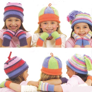 Girl's Beanie Hats & Fingerless gloves 3 Beanie hat and glove styles to knit in DK 8ply Light worsted wool knitting pattern download PDF