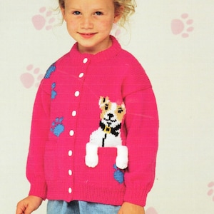 Girl Toddler Long sleeved Puppy Dog Cardigan with Dog paw pockets ~Intarsia DK- 8ply -22"- 28" (2 -9y) Knitting Pattern Instant Download PDF
