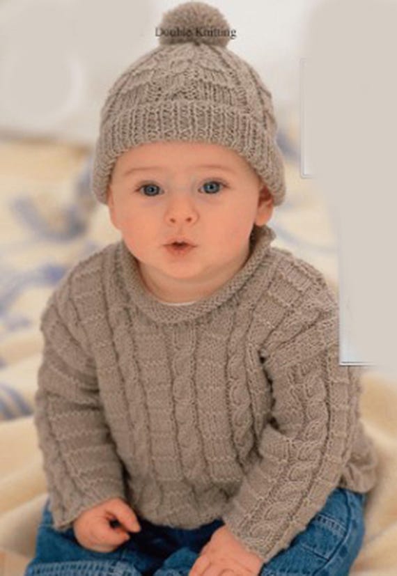 Baby Roll Neck Easy Cable Sweater Matching Hat in DK Ply