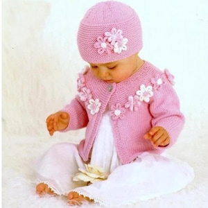 Babies Toddler Garter Stitch yoke-Cardigan & flowers - Raglan - Hat 8ply- DK- light Worsted -Knitting Pattern- PDF- Digital Download 0-3yrs