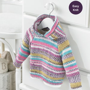 May include: A striped hooded sweater in pink, yellow, blue and white on a white hanger. The sweater is labelled "Easy Knit".