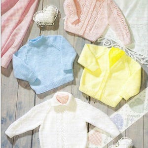 Baby Cardigans & Raglan sweaters- 2 styles each in DK 8 Ply Light worsted  wool 14 - 22&quot; Small baby Knitting Pattern pdf Digital Download